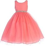 AkiDress Satin Bodice Rhinestone Waist Band Tulle Flower Girl Dress for Big Girl Coral 6