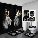 RinRinfam 4Pcs Wild Lion Shower Curtain Set, Crown African Leo Tiger Couple with Non-Slip Rug,Toilet Lid Cover,U Shape Mat,Waterproof 12 Hooks Bathroom Decor Sets,Black, 72'' x