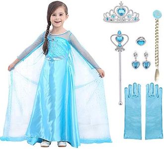 URAQT Elsa Dress Costume de princesse, Elsa Anna Dress Up pour les filles, avec accessoires gants couronne baguette tresse robe longue Costume pour fête/reconstitution historique/demoiselle