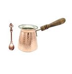 LEO Design Turkish Coffee Pot 5 Sizes, Coffee Maker Greek Arabic Coffee Stovetop Thick 3mm Solid Hammered Handmade Engraved Copper Cezve Ibrik Briki with Wooden Handle for 2-8 People (2 Cup / 180ml)