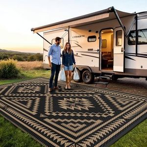 GENIMO Outdoor Rug for Patio Clearance - 10x20 ft Waterproof Plastic Camping Rugs, Reversible Outside Rv Mat Carpet for Porch, Deck, Picnic, Balcony, Beach, Backyard, Black Brown