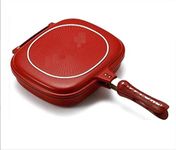 BSITFOW Double Sided Ceramic Coated, Magic Pan Gas Grill Fryer Pan, Flip Pan, Dishwasher Safe, (JumboSquared Grill) 28cm Strong Magnetic Handles, Silicone Gasket, Smart Oil Tray red