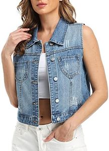 WUDODO Womens Denim Jean Vest Classic Cropped Distressed Spread Collar Sleeveless Jean Jacket