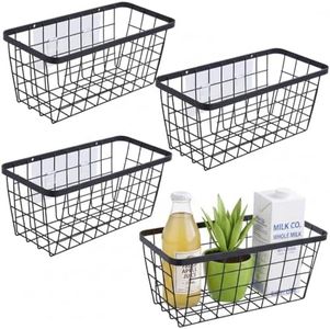 4 set Hanging Wall Basket Organizer,Over the Cabinet Door Wire Baskets for Organizing -Space-Saving Hanging Baskets for Organizing,Wall Mount Storage,No Drilling Adhesive Wall Storage Basket, Black