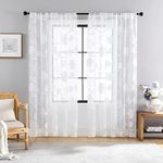 White Lace Sheer Curtains for Living Room 84inch Vintage Rose Botanical Floral Leaf Lace Window Curtain Panel with Decorative Scalloped Edge for Bedroom 54" W 2pcs Rod Pocket 7ft Floor Length
