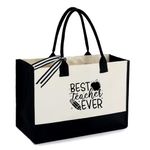 BeeGreen Monogram Initial Canvas Bag with Inner Zipper Pocket Embroidery Personalized Tote for Mom Teacher Friend, Natural With Black, Large, Gifts for Teacher-teacher--black