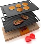NutriChef Cast Iron Reversible Grill Plate – 18 Inch Flat & Ridged Skillet Griddle Pan, Fits Two Burners, for Gas, Electric, Ceramic Stovetops, with Silicone Oven Mitt
