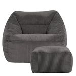icon Natalia Cord Bean Bag Chair with Footstool, Charcoal Grey, Large Adult Bean Bag with Filling Included, Comfy Chair, Armchair, Living Room, Bedroom Furniture