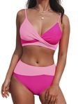 CUPSHE Women's Twist Front High Waisted Bikini Set V Neck Padded Two Pieces Bathing Suits Swimsuits Magenta/Pink L