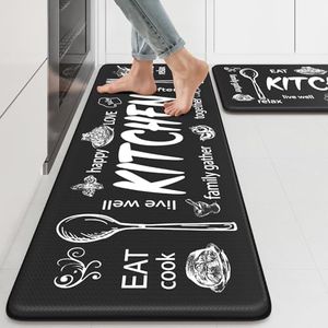 KIMODE Kitchen Mats 2PCS,Cushioned Anti Fatigue Farmhouse Kitchen Rugs and Mats,Non Slip Waterproof Kitchen Mats for Floor,Comfort Foam Standing Desk Mat for Home,Kitchen,Sink,Laundry,Black