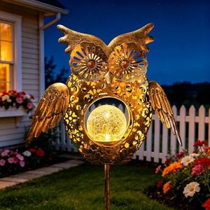 Go2garden Solar Lights Outdoor Owl Decorative Metal Stakes Lights Crackle Glass Light for Lawn, Yard Art, Pathway, Patio Decor(Bronze)