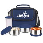 MILTON New Steel Combi Lunch Box with Insulated Fabric Jacket, 3 Stainless Steel Containers 280 ml Each & 1 Plastic Tumbler with lid 400 ml, Leak-Proof Tiffin for Office, College, Picnic, Blue