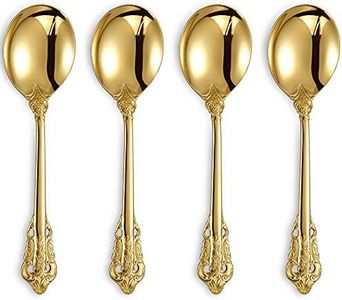 KEAWELL Gorgeous Round Soup Spoon, Set of 4, 18/10 Stainless Steel, Luxury Bouillon Spoon, Dishwasher Safe, Fine Mirror Polished (Gold)