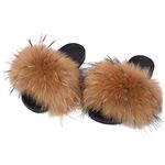 Valpeak Fur Slides for Women Open Toe Real Fur Slippers Womens Furry Slides Indoor or Outdoor (Natural, 8-9)