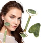 Jade Roller & Gua Sha Facial Tool, 100% Natural Facial Stone Face Roller, Face Massager for Skin Tightening, Neck Eye Treatment Anti-aging Rejuvenate Remove Wrinkles and Puffiness (Green)