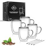 LIBWYS 4 Pack Double Walled Coffee Cups Glasses Mugs with 4 Spoons, Cappuccino Latte Tea Cups with Handle, Heat Resistant Cup Drinking Glasses 350ML Coffee Cup