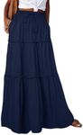 Happy Sailed Womens Maxi Skirt Retro Boho Style High Waist Elastic Waist A Line Long Flowy Beach Skirts with Pockets Navy Blue Medium