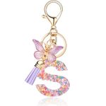 QUKE Alphabet Initial Letter Keychain Purple Tassel Butterfly Pendant Resin Keyring for Purse School Bag Women Girls - S