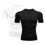 HYCOPROT Men's Compression Shirts Short Sleeve Compression Top Athletic Workout T-Shirt Quick Dry Sports Baselayer Running Undershirts Tops (UK, Alpha, M, Regular, Regular, Black+White)