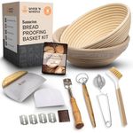 Banneton Bread Proofing Basket Set of 2-9 inch Round Sourdough Baskets Bread Baking Supplies and Tools - Bread Lame Dough Whisk Scraper Flour Duster Scrub Brush Sourdough Starter Kit