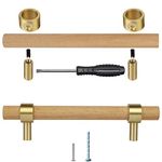 foxwake Natural Wood Kitchen Cabinet Handles 2~5 Inch 4Set Center to Center Adjustable Double Hole Euro Scandi-Modern Dresser Knob, Unfinished DIY Drawer Pull, Brushed Brass Base