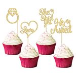 Gyufise He Asked She Said Yes Cupcake Toppers Gold Glitter Diamond Ring Heart Love Cake Picks for Wedding Engagement Party Cake Decorations 24 Pack