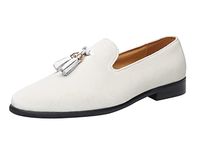 ELANROMAN Men's Loafers Tassels Penny Slip-On Luxury Wedding Shoes, Velvet White, 11