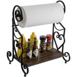 MyGift Freestanding Black Metal Heart Scrollwork Kitchen Countertop Paper Towel Holder Stand with Rustic Burnt Solid Wood Shelf for Spice Jars and Condiment Bottles