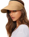 FURTALK Womens Straw Visor Summer Straw Sun Hat for Women Packable Wide Brim Beach Hat Khaki