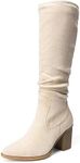 DREAM PAIRS Wide Calf Boots For Women, Comfortable Chunky Block Heel Pointed Toe Pull On Side Zipper Suede Slouch Riding Boots, Beige, Size 9, Sdkb2308w