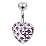 AZARIO LONDON Purple Crystal Stone Emboss Heart Sterling Silver Belly Bars Piercing