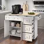 HOMREST 52" Mobil Kitchen Island Cart with Storage, Rolling Island with Drop Leaf and Rubberwood Countertop, Spice Rack, Adjustable Shelves and 5 Drawers, Island Table for Kitchen, White