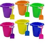 4E's Novelty 6 Pack Sand Buckets and Shovels for Kids Bulk - 7.5 Inch Large Beach Bucket Sand Toys for Beach Toys for Toddlers & Kids, Beach Party Favors