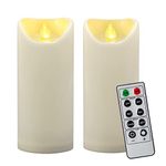 2PCS 7" Outdoor Waterproof LED Flameless Pillar Candles with Remote & Timer/Large Flickering Battery Operated Electric Ivory Plastic Fake Candles for Outside Patio Lantern Fireplace Decorations