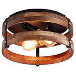 Fivess Lighting 2-Light Rustic Flush Mount Light Fixture Oak Wood Round Drum Semi Flush Mount Ceiling Light for Hallway Bedroom Kitchen Entryway Farmhouse, Black