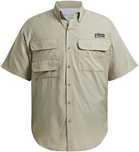 BASSDASH UPF 50 Men’s Fishing Dress Shirt Button Down Woven Short Sleeve Outdoor Khaki