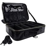 Oewoer Makeup Case Travel - Large Makeup Bag 16" Professional Makeup Train Case with Adjustable Strap, Leather Makeup Artist Box for Hair Curler Hair Straightener Brush Set and Cosmetic, Black B, L, Portable Travel Makeup Case
