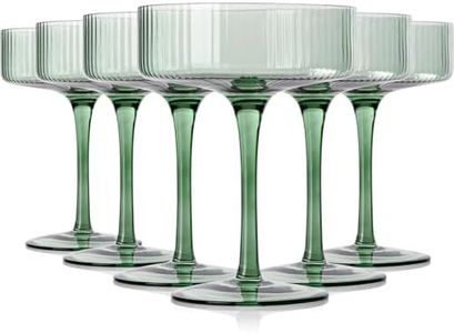 Green 9 oz Vintage Art Deco Coupe Glasses Set of 6 Ribbed martini Glasses |Vintage Cocktail Glasses Set,Unique Colored Coupe Glass, Classic Cocktail Glassware