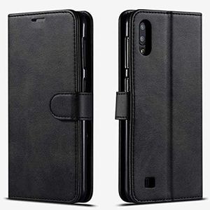 Galaxy A01 Case, Included [Tempered Glass Screen Protector], Starshop Premium Leather Wallet Pocket Cover and Credit Card Slots - Black