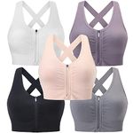 Evercute Zip Front Post-Surgery Bra Women's Wireless Sports Bras Padded Strappy Medium Support Yoga Exercise Athletic Bras, ①black White Gray Purple Flesh 5 Pack, Large