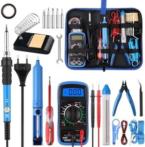 Soldador Estaño Set 24 in 1 con Caja de Herramientas, 60W Kit Soldadura Eléctrónica con Multímetro Digital,Temperatura Ajustable 200-450℃,Puntas Soldador