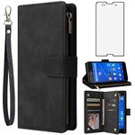 Asuwish Compatible with Sony Xperia Z3 Wallet Case Tempered Glass Screen Protector and Leather Flip Cover Card Holder Stand Cell Accessories Magnetic Phone Cases for Experia 3Z D6603 Women Men Black