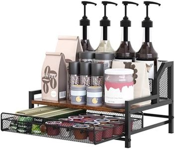 TQVAI Coffee Syrup Organizer Rack, 8-Bottle Tabletop Wine Rack Stand, 35 Capsules K Cup Holder with Sliding Drawer, Coffee Bar Station Organizer for Countertop, Vintage/Black