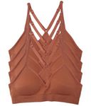 Kalon Women’s 4 Pack Racerback Sports Bralette Seamless Wireless Comfort Bra, Dark Caramel, Medium