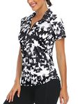 Sports Tops for Women UK, Ladies Gym Wear Womens Polo Shirt 1/4 Zip Collared Short Sleeve Printing Polo Shirts Ladies Fitted Sports Tops Black Geometric-L