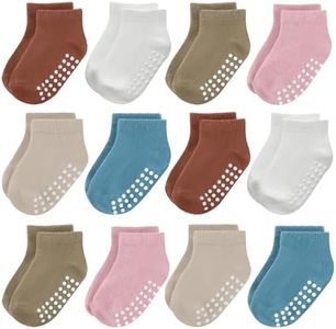 JAKIDAR 12-Pair Baby Socks Non-Slip Cotton Toddler Socks Ankle Socks for Baby Toddler Kids, Pink Blue Brown Khaki 2-4T