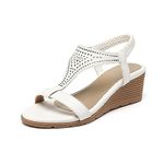 AMOJI Women's Comfortable White Dressy Summer T-Strap Wedge Sandals Ankle Strap Dress Sandals Sandales compensées femmes 604 White Size 10