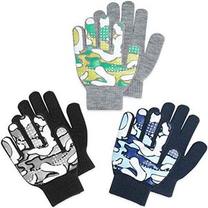 LUTHER PIKE SEATTLE 3 Pack - Magic Stretch Winter Kids Gloves for Boys, Kid & Children, Toddler - Dino, Camo, Trucks, Nice Christmas Gift Choice for Kids