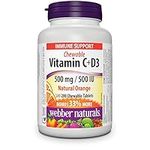 Webber Naturals Vitamin C with D3 Chewable, 500 mg of Vitamin C and 500 IU of Vitamin D Per Orange Flavour Tablet, 200 Tablets, Supports Immune Health