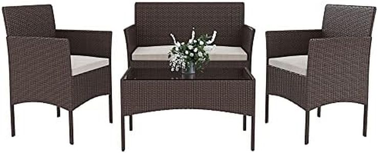 Set Di Mobili da Giardino in Rattan 4 Posti Salottino Salotto E Tavolino Con Ripiano In Vetro 2 Poltrone E Divano 2 Posti Con Cuscini Sfoderabili Giardino Esterno Piscina Veranda Terrazzo (Brown)